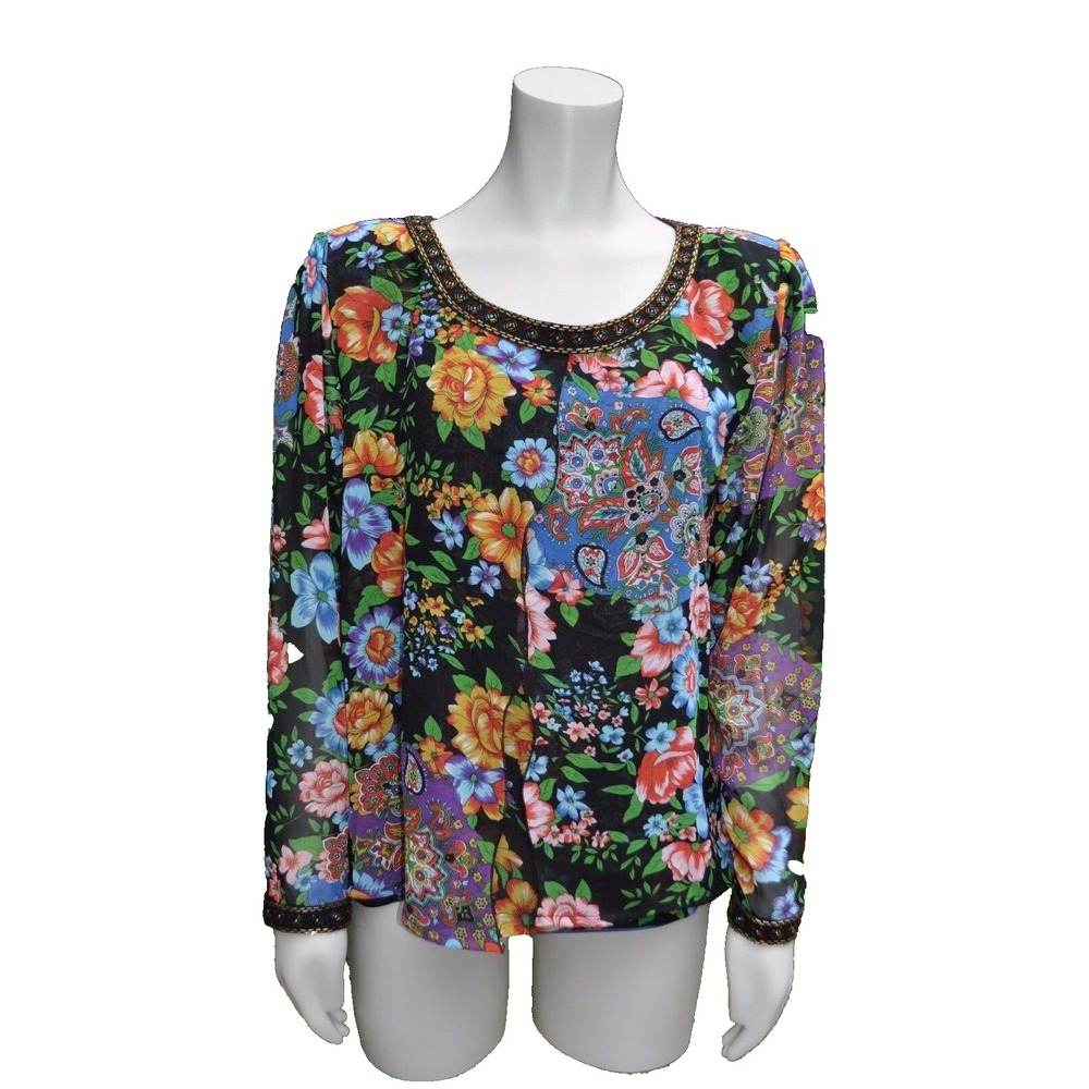 Diane Freis size L/XL Floral Blouse Beaded Split Front Vintage Garden Fairy Boho